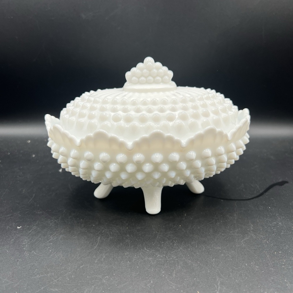 VTG Fenton White Milk Glass Hobnail Oval Footed‎ Covered Candy Dish with Lid